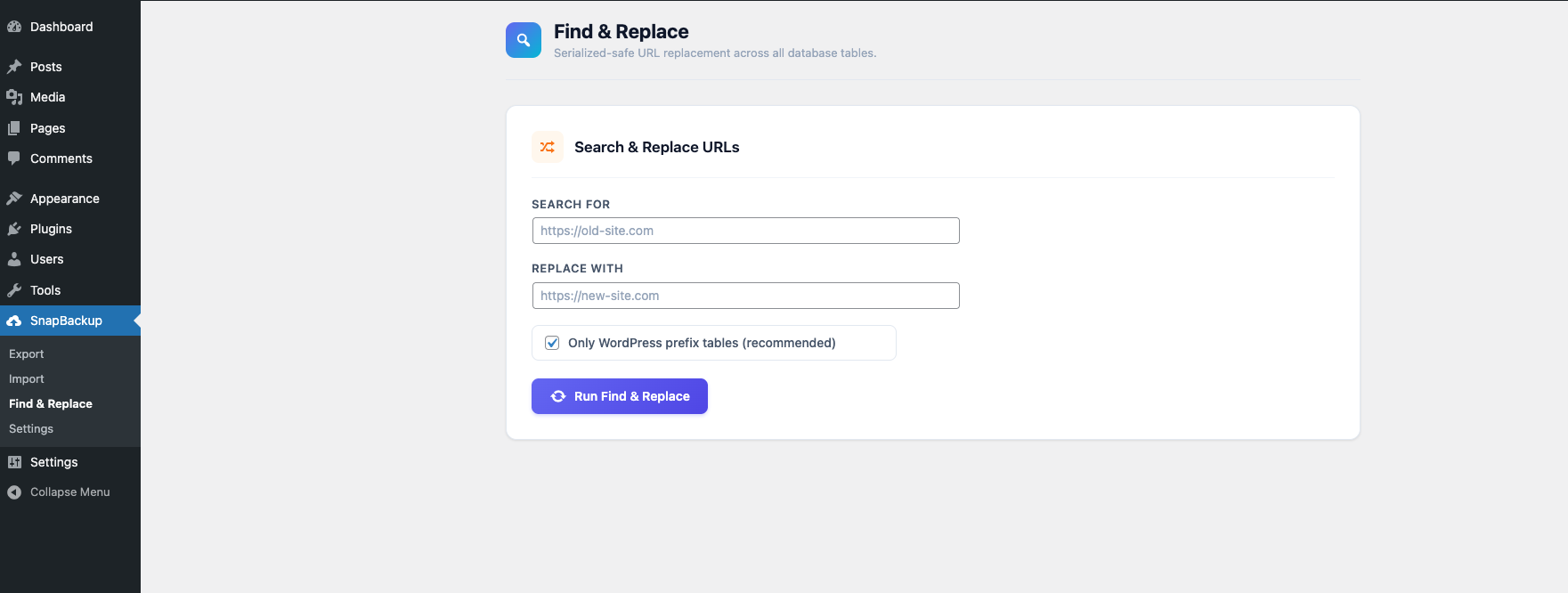 SnapBackup Find and Replace