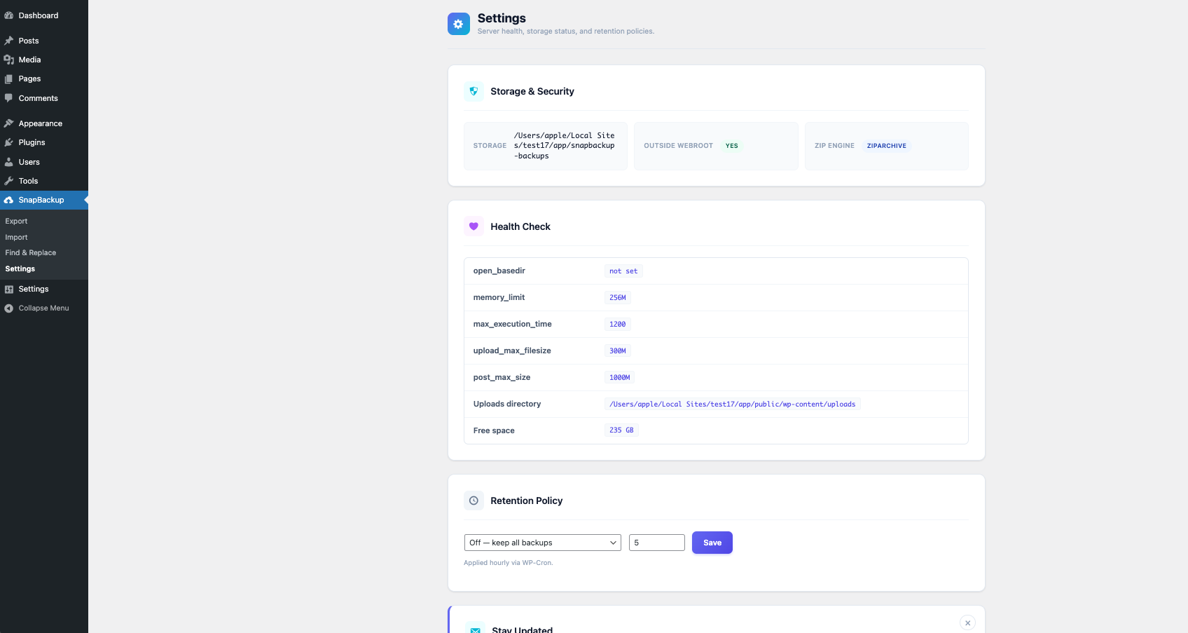 SnapBackup Settings and Health Check