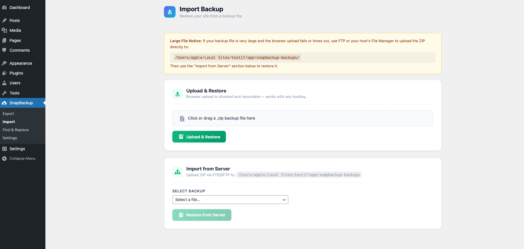 ZHBackup Import Page