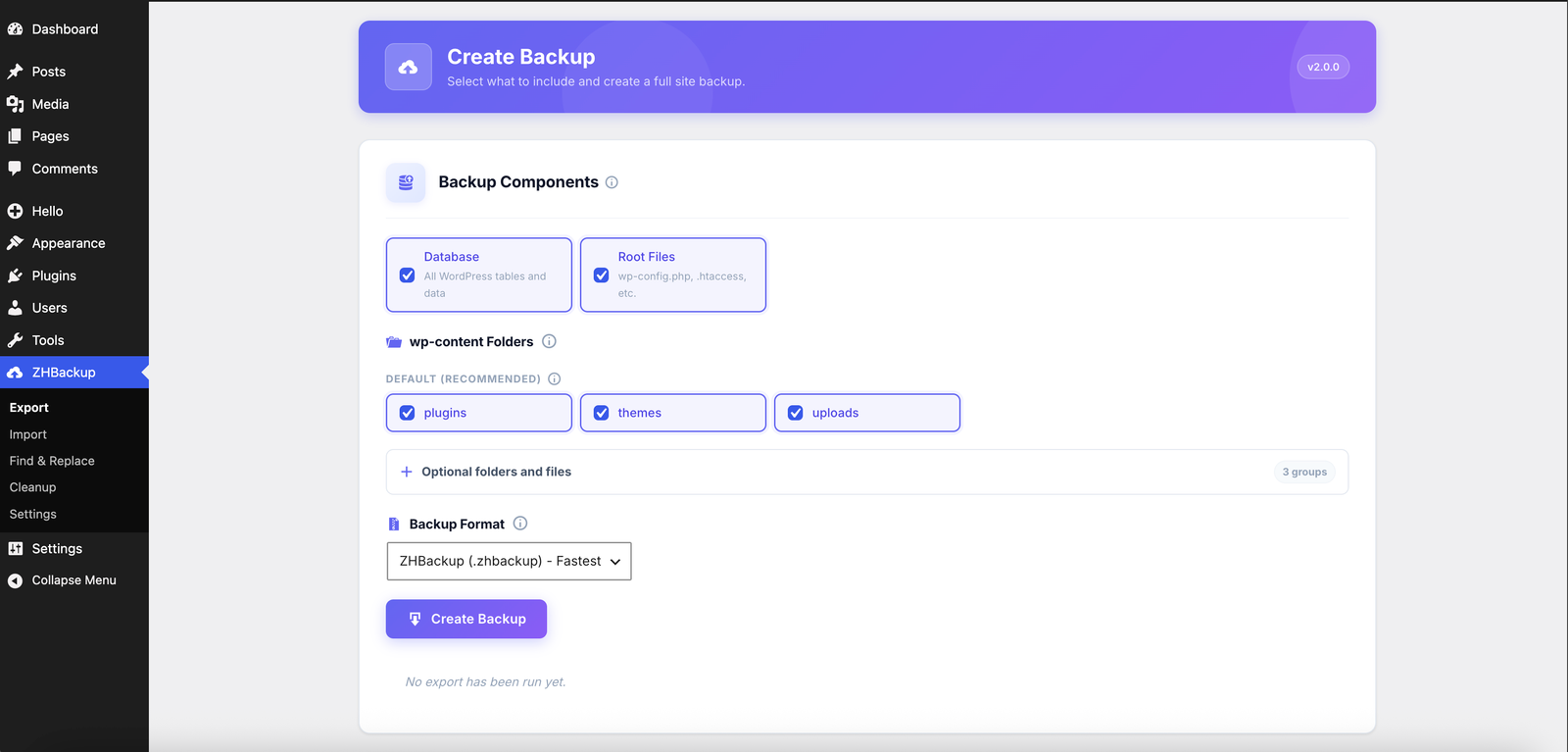 ZHBackup Export Page