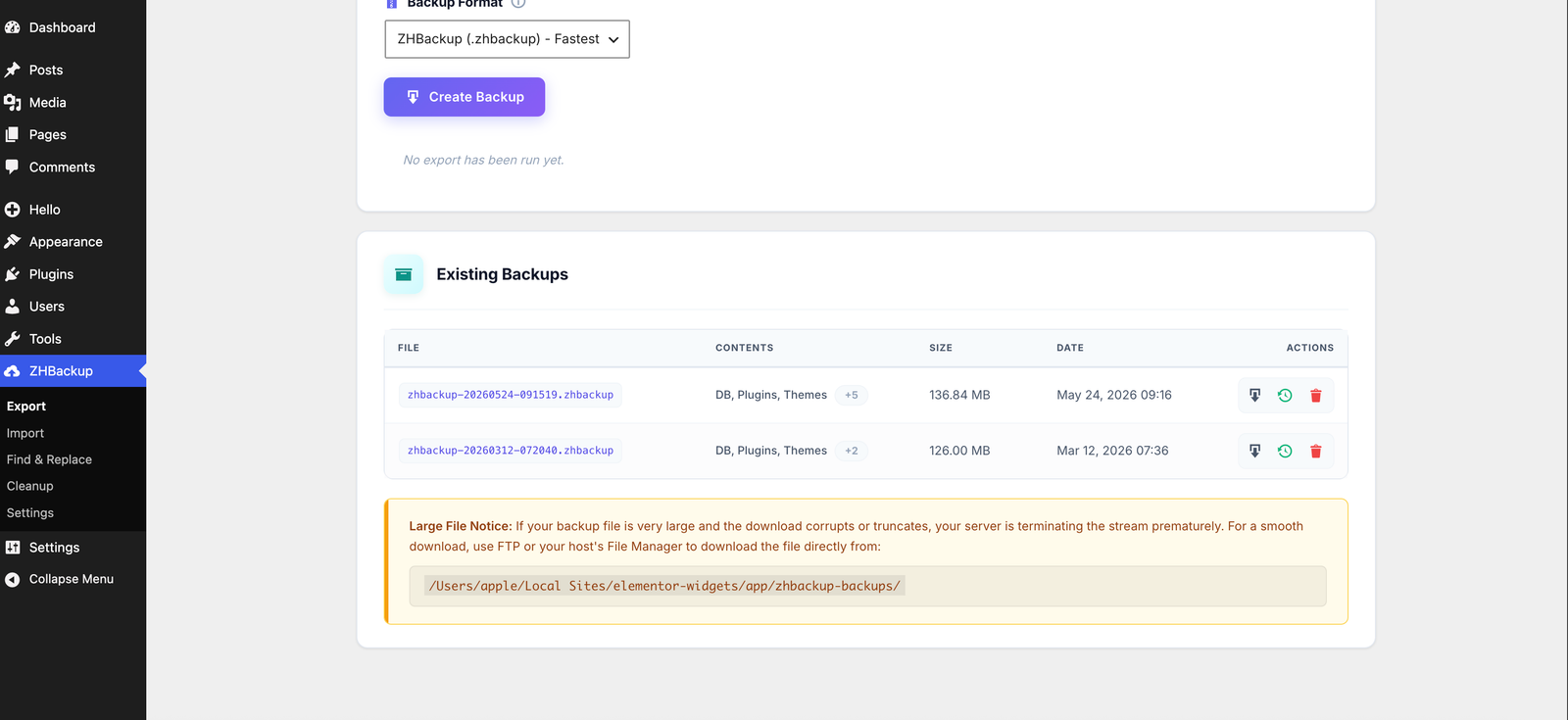 ZHBackup Existing Backups