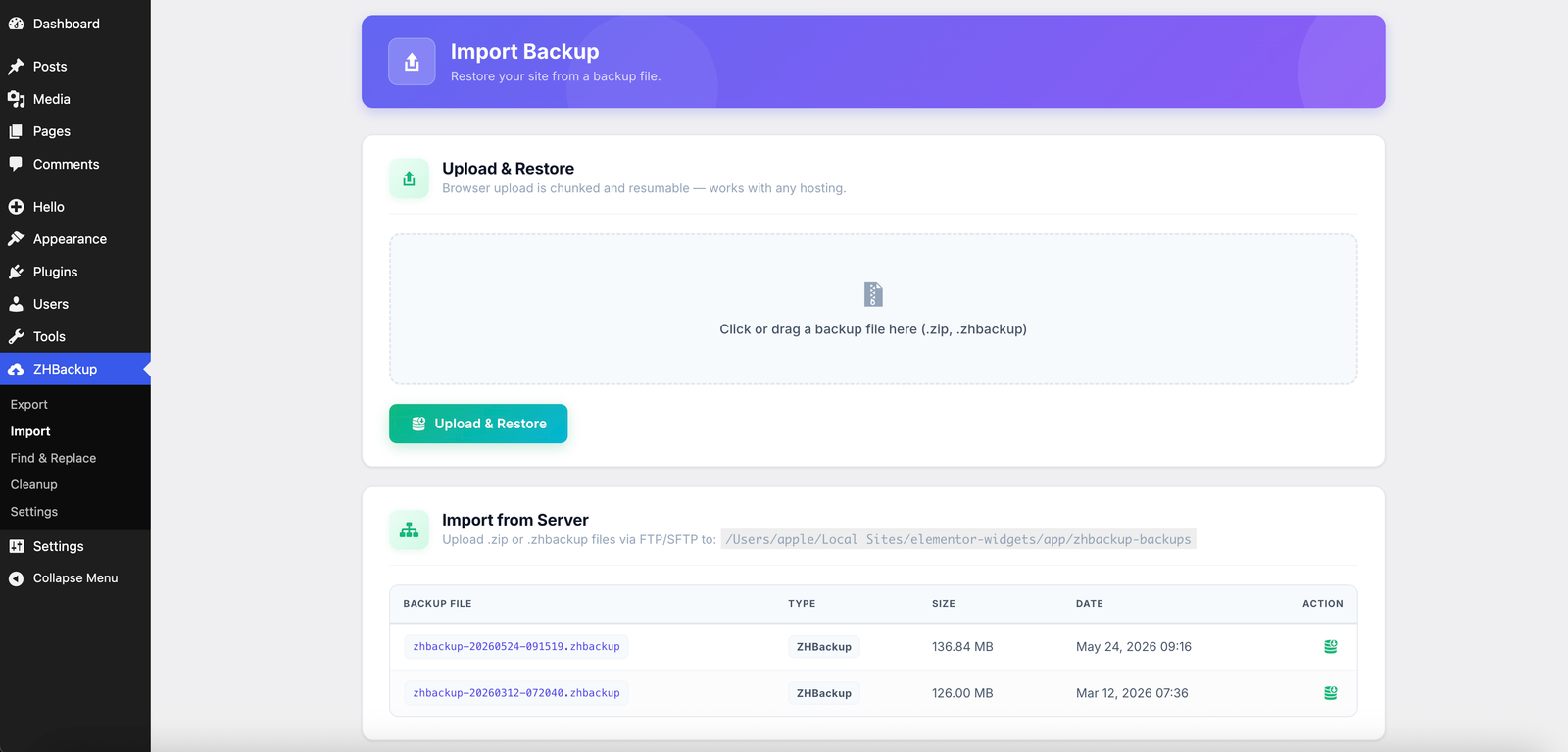 ZHBackup Import Page