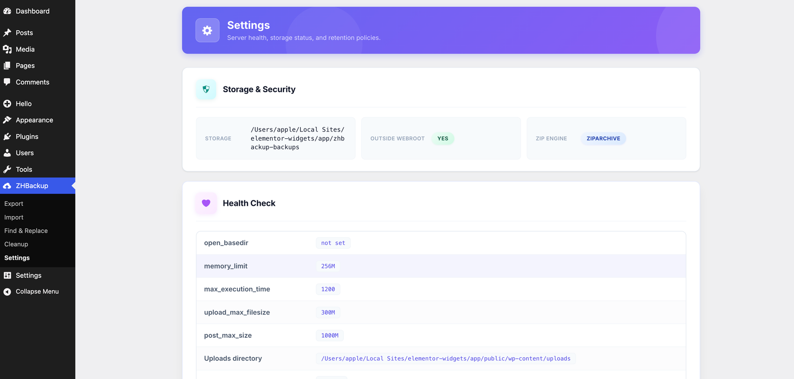 ZHBackup Storage and Health Check